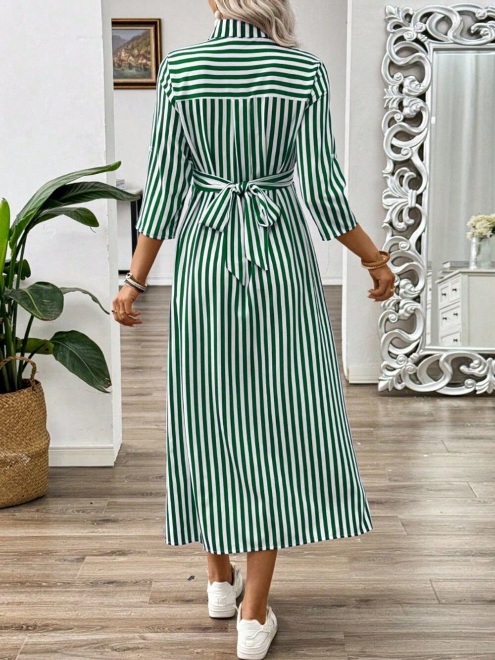 Green Casual Women's Mid-Length Sleeve Long Dress - Picture 2 of 5